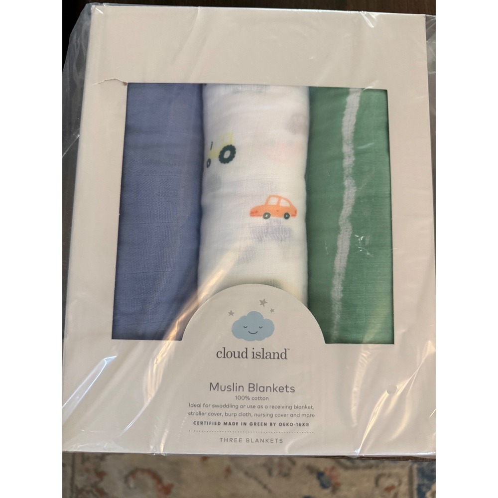 Cloud Island Muslin Blankets 3pk Blue Green Transportation Cars 47x47 VSCIMB